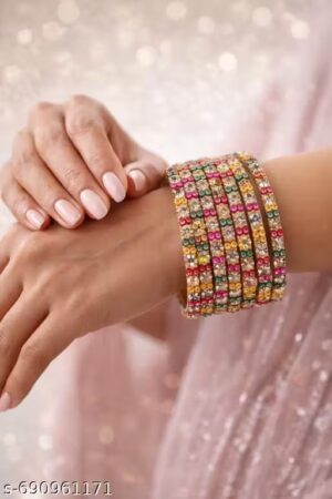 Traditional Multicolor Stone Studded Gold Plated Bangle Set (Pack of 8) for Women